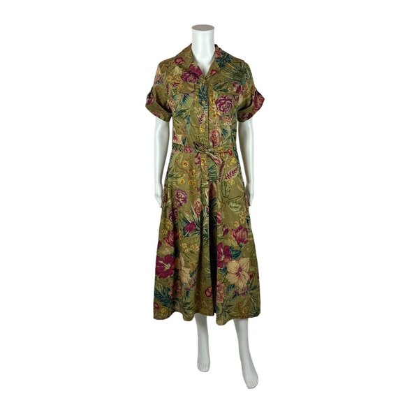 Vintage 70s Safari Dress Women's Medium Olive Hibiscus Floral Tea Length